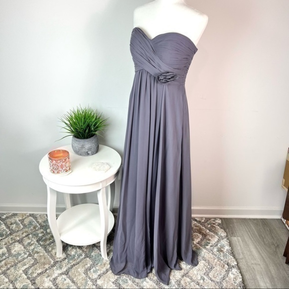Bill Levkoff womens 12 pewter strapless chiffon flower detail maxi dress